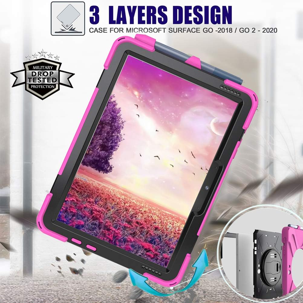 Tablet Case with 360 Rotating Strap and Stand Heavy Duty Protective Full Body Cover Compatible with Microsoft Surface Go 4/3/2/1 Pink