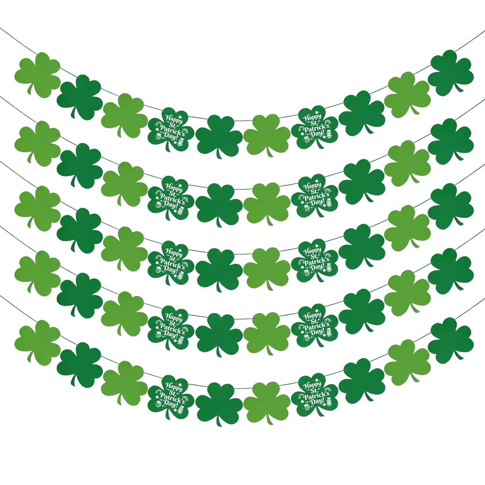 St Patricks Day Decorations - 5 Pack Shamrock Clover Garland Banner - NO DIY Felt Hanging Banner for Home, Mantel, Office, Irish Party Supplies, Wall