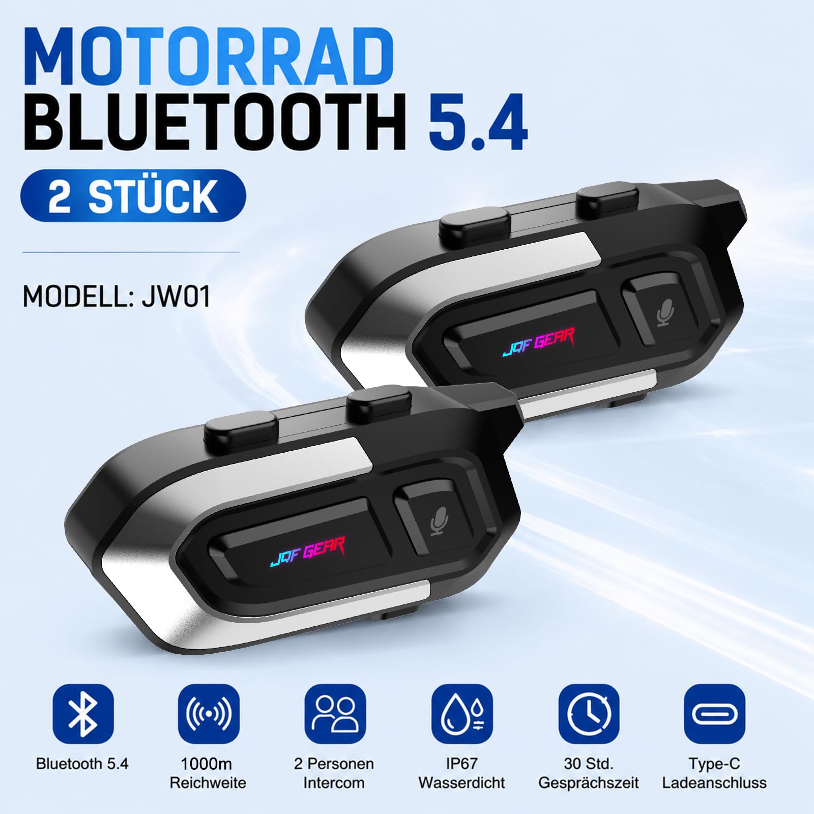 Intercom Moto Bluetooth JW01 SystèMe de Communication Hard Mic | Écouteurs Casque Moto 2 Personnes 1000m BT5.4 IP67 Étanche Réduction Bruit Appels Vocaux et Contrôle Musique