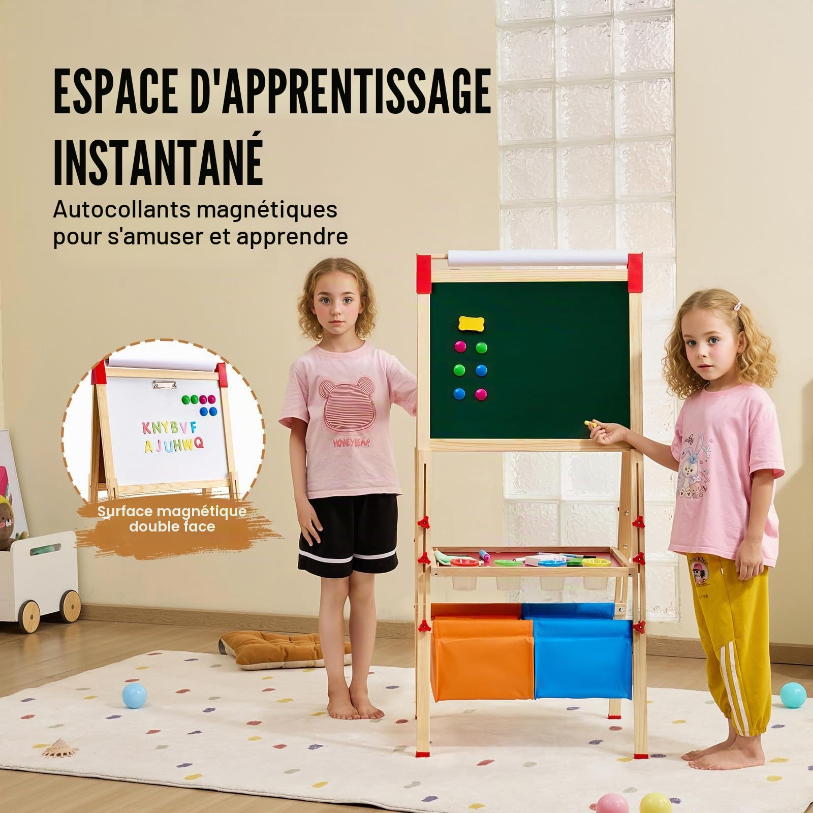 VEVOR Chevalet d'Art Enfants 3-en-1 Tableau Magnétique Blanc Noir Double Face, Planche à Dessin Bois Debout Réglable, Accessoires, Rangement, Support Rouleau Papier, pour Créativité, Garçons, Filles