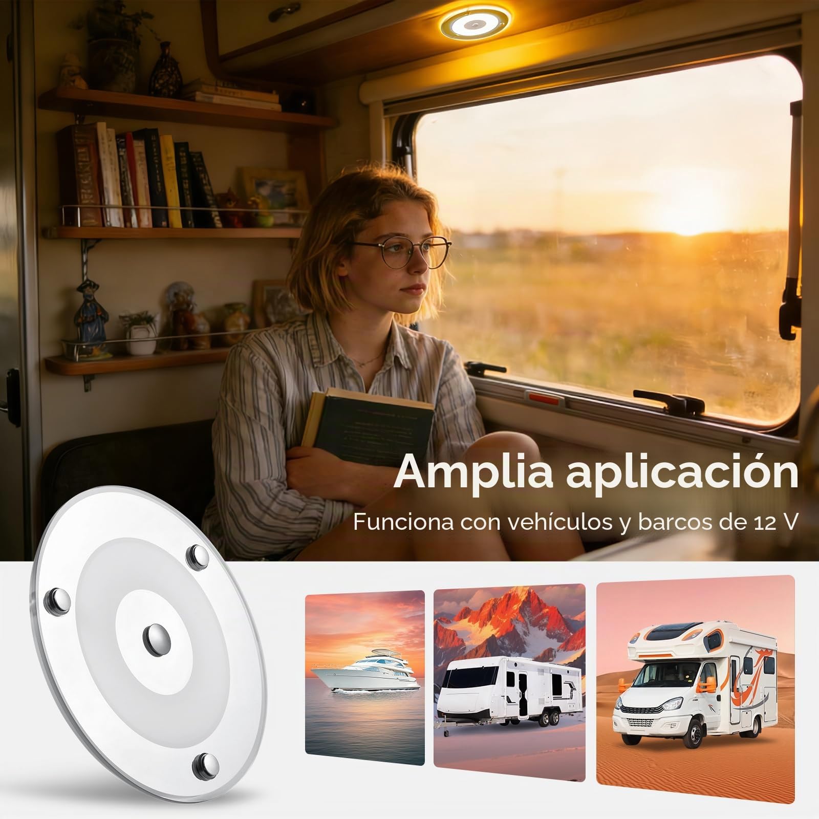 2 x Luz de Techo 12V Autocaravana LED Regulable Panel Iluminación Interior 4,5W 120mm 400LM 3000K con Luz Azul/Interruptor Táctil, para Caravana Barco Remolque Coche