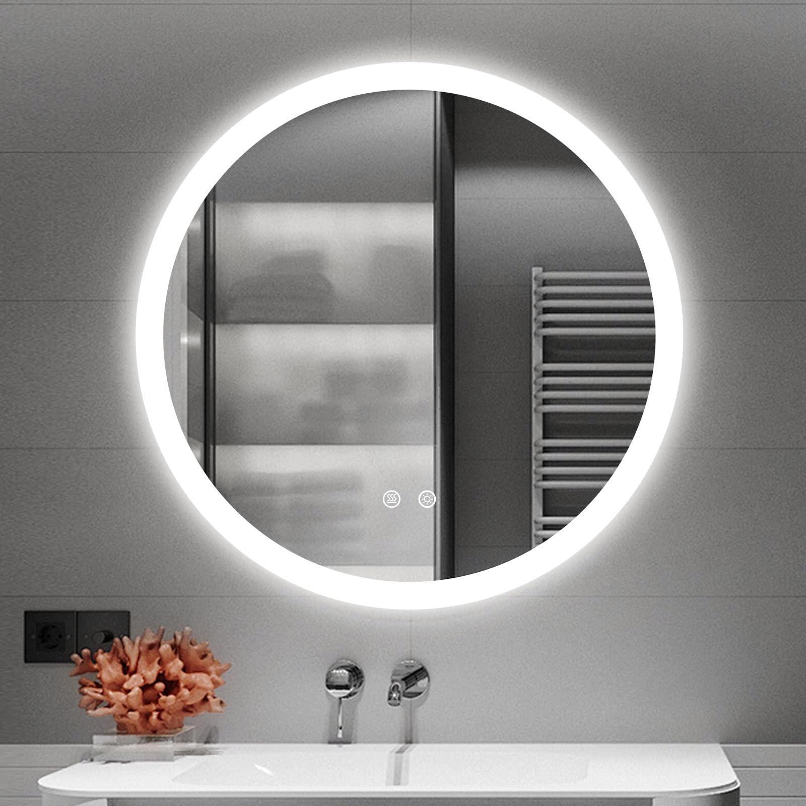 MOSSCO Espejo de baño con iluminación, 70 x 70 cm, espejo de pared con iluminación, espejo LED redondo 70 cm, 3 colores de luz, regulable, sin vaho, con interruptor táctil, 3000 K-6000 K, IP44,