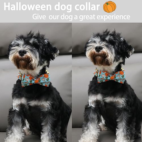 Miniatura 3 de ARING PET Collar de perro de Halloween de algodón con diseño de calabaza con lazo, ajustable de calabaza azul, collares para cachorros con hebilla