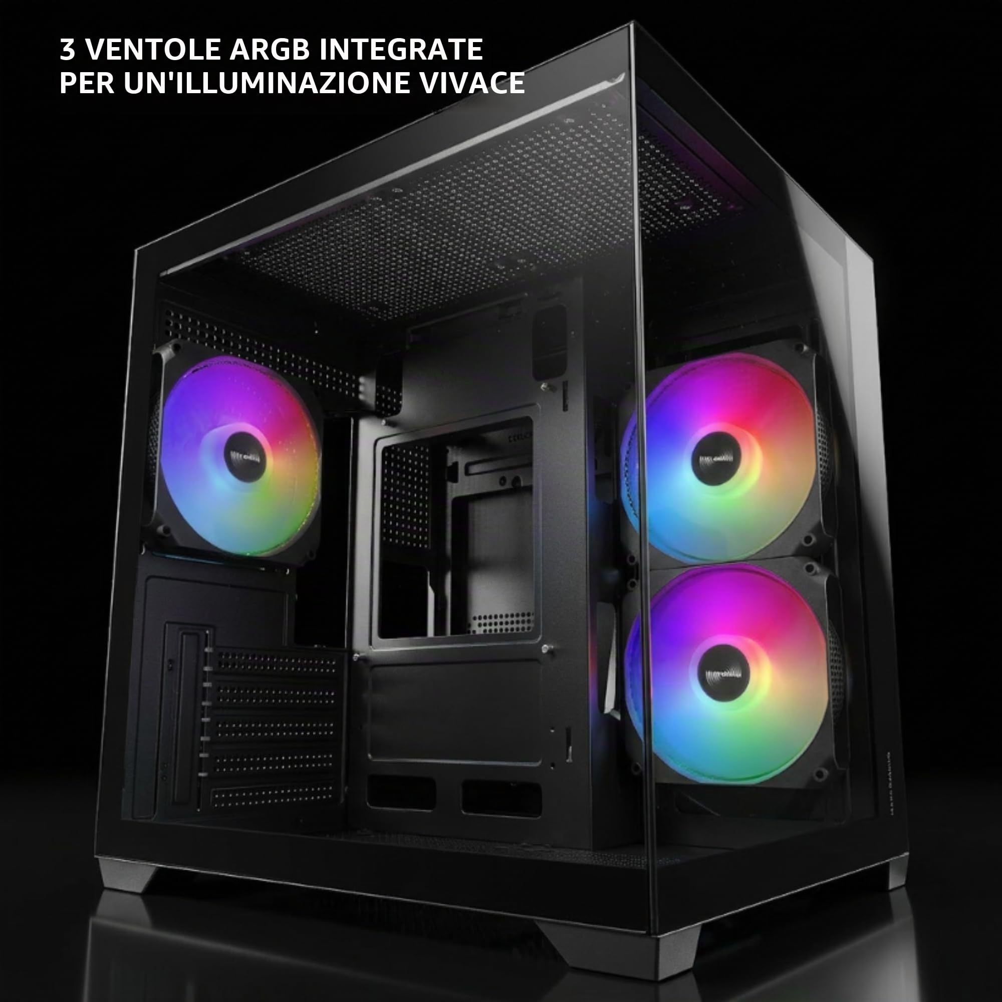 Mars Gaming MC-VIEW3, Case PC MicroATX, Vetro Temperato Panoramico, 3x Ventole ARGB 120mm, Doppia Camera, Supporto Raffreddamenti Liquidi fino a 240mm, Mini-tower Compatto con USB-C, Nero