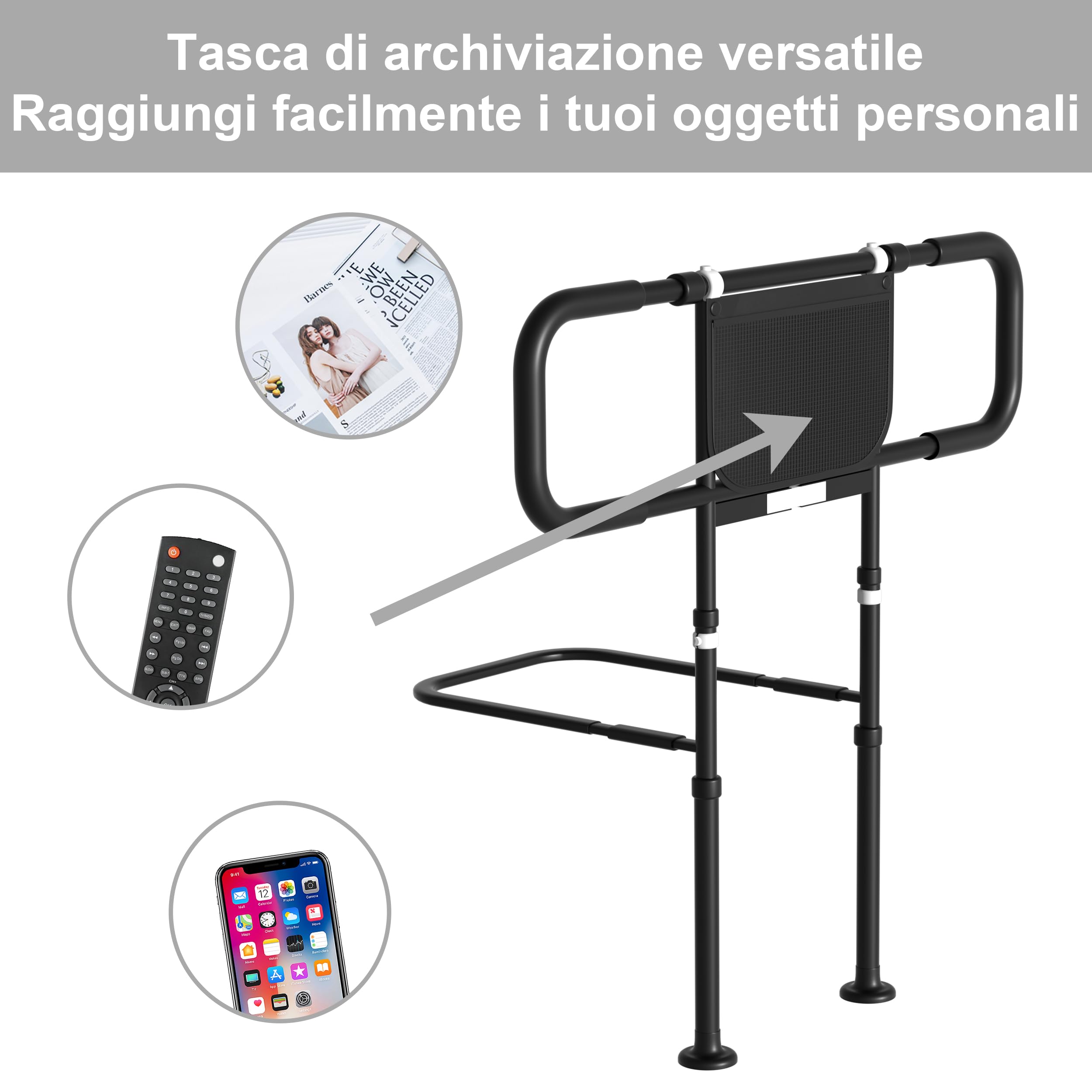 Sponda Letto Anziani Anticaduta Ausili per Alzarsi Dal Letto Regolabile in Altezza con Luce a Sensore, Supporto per Alzarsi, Sbarra di Sicurezza, Portata Fino a 180KG