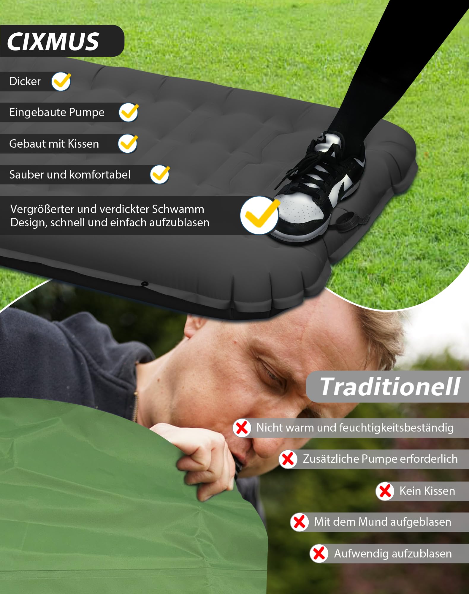 Aufblasbare Isomatte Camping mit Fußpumpe und Kopfkissen, 12 cm verdickt – Bequem, Ultraleicht, Kleines Packmaß, Koppelbar – Ideal für Wandern, Zelten und Reisen