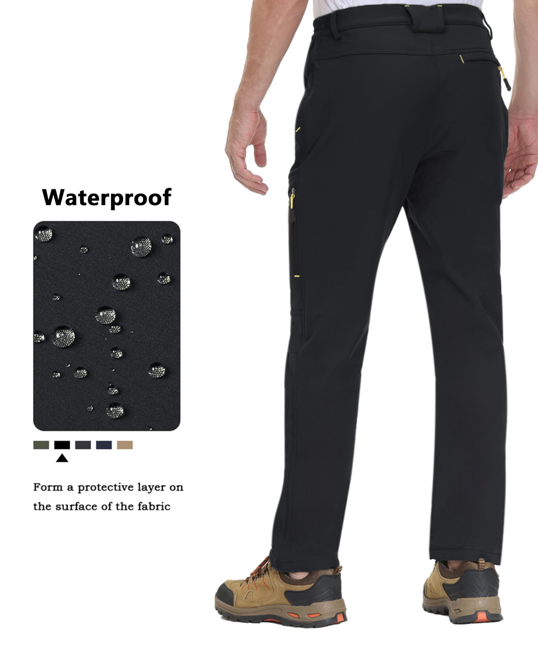 TACVASEN Men's Winter Hiking Pants Ski Snowboard Camping Softshell Pants Waterproof Thermal Fleece Black Cargo