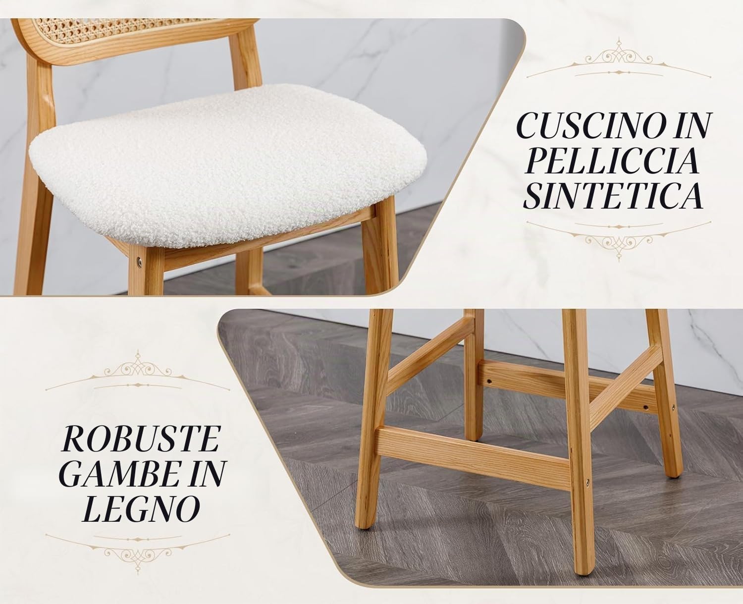 chairus Set di 2 Sgabelli da Cucina in Legno Sgabelli da Bar in Pelliccia Sintetica Sedie Alte con Schienale in Rattan Sgabelli Imbottiti per Bar/Sala da Pranzo/Banco, Beige