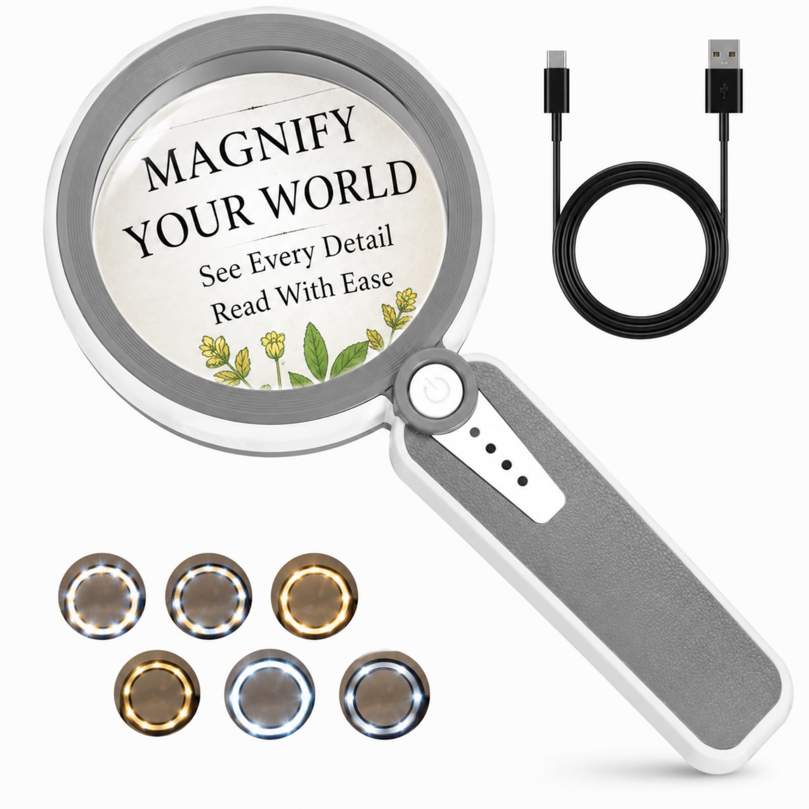 Lupe mit Licht, 45-fache Handlupe mit 12 LED-Leuchten, 3 Beleuchtungsmodi, leicht, wiederaufladbar über USB, geeignet zum Lesen, Prüfen, Schmuck, Münzen, Erkunden