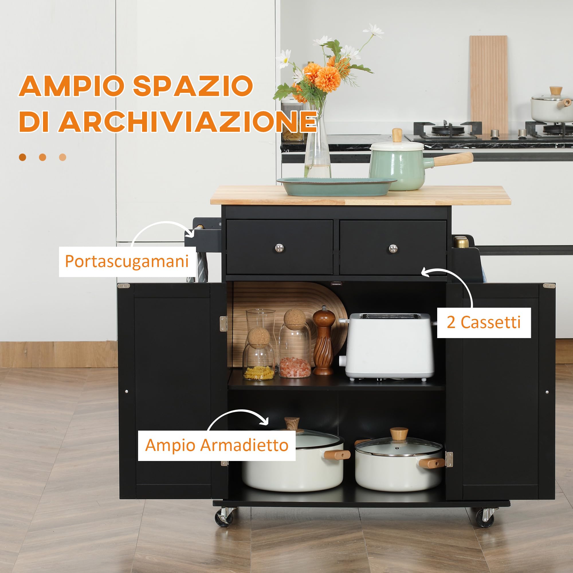 HOMCOM Carrello da Cucina con Armadietto, 2 Cassetti e Portaspezie a 3 Ripiani, Isola da Cucina Portavivande con Scaffale Regolabile, Porta Asciugamani e 4 Ruote con 2 Freni, 89x45x89.5 cm, Nero