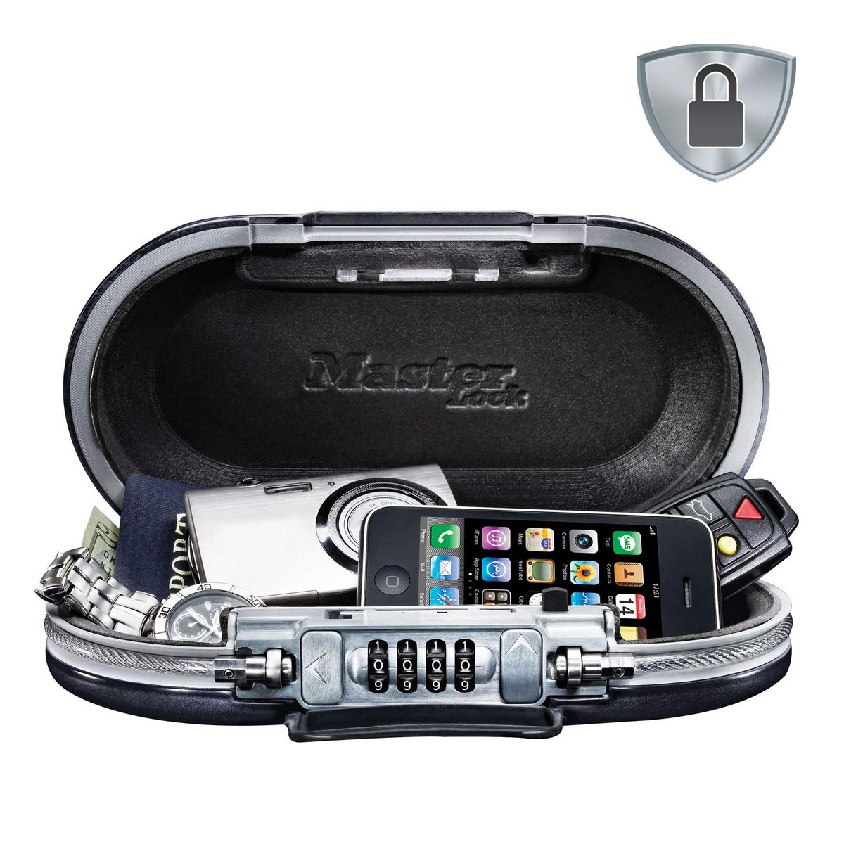 MASTER LOCK Tragbarer Tresor [Zahlenschloss] [mit Kabel] [Schwarz] 5900EURD – Sichern Sie Ihre Wertgegenstände auf Reisen & Amazon Basics - Tragbare Sicherheitsbox mit Zahlenschloss, extra-groß