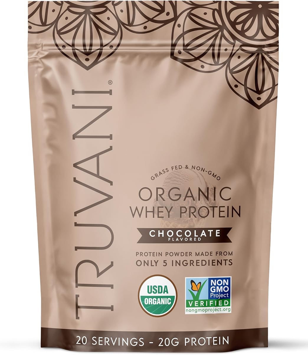 Truvani Organic Whey Protein Powder | Chocolate | 20g Grass Fed Whey Protein | 20 Servings | USDA Organic & Non-GMO | Gluten Free | No Gums, No Soy, No Stevia, No Added Sugars