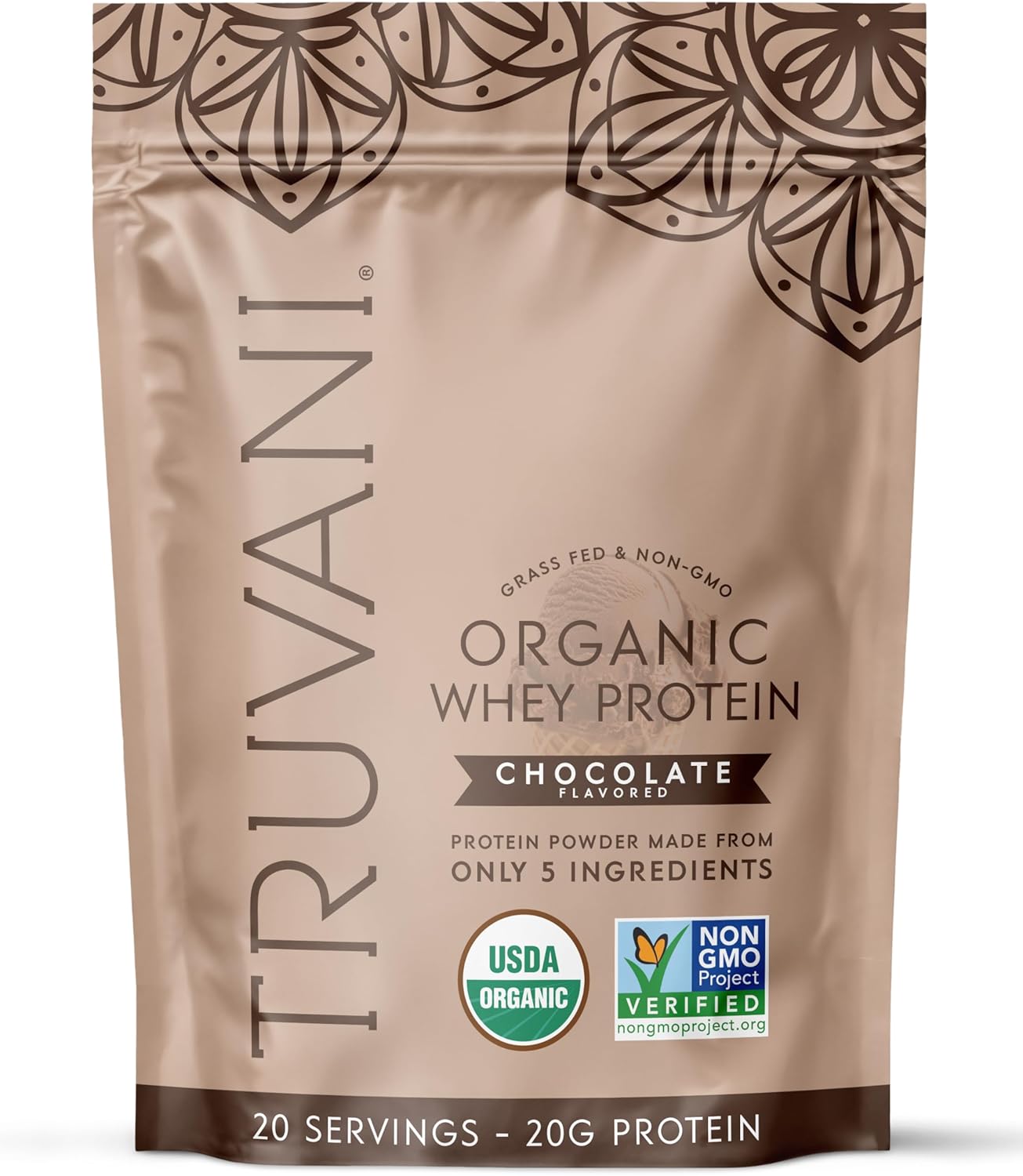 Truvani Organic Whey Protein Powder | Chocolate | 20g Grass Fed Whey Protein | 20 Servings | USDA Organic & Non-GMO | Gluten Free | No Gums, No Soy, No Stevia, No Added Sugars