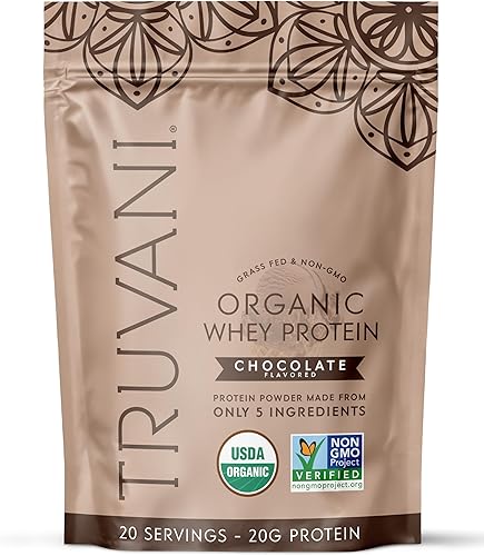 Polvo de proteína de suero orgánico Truvani  Chocolate  20g de proteína de suero alimentado con hierba  20 porciones  Orgánico certificado USDA y