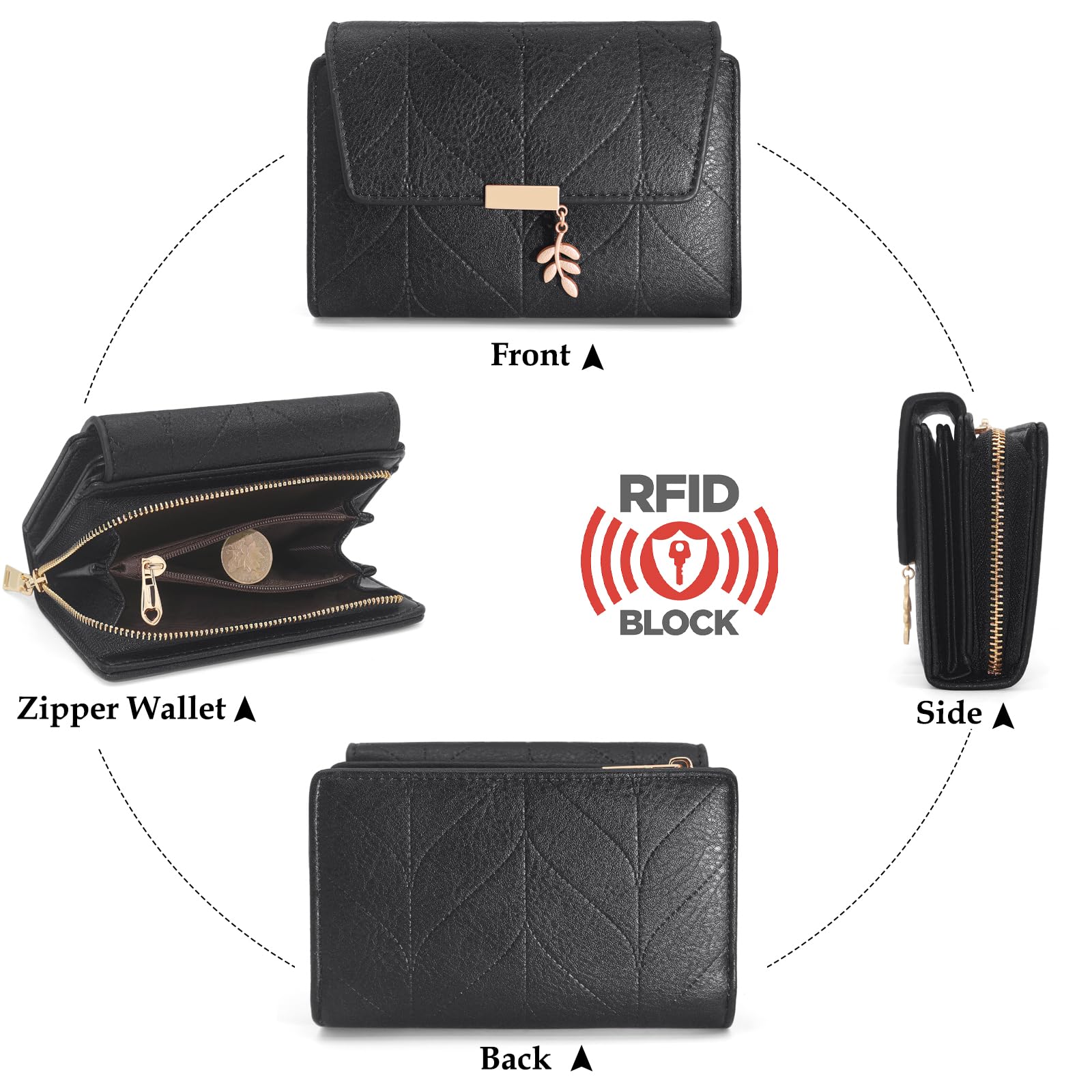 REETEE Porte Monnaie Femme en Cuir PU Rétro Petit Portefeuille Femme Blocage RFID Porte Feuille pour Femme, Portefeuilles avec 16 Emplacements Cartes et Fermeture éclair Poche à Monna (Noir)