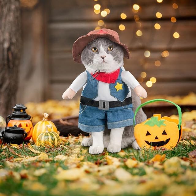 Foto 3 de 6 de Disfraz Halloween para Perro, Divertido Disfraz Vaquero para Perro con Sombrero, Chucky Suave y Transpirable