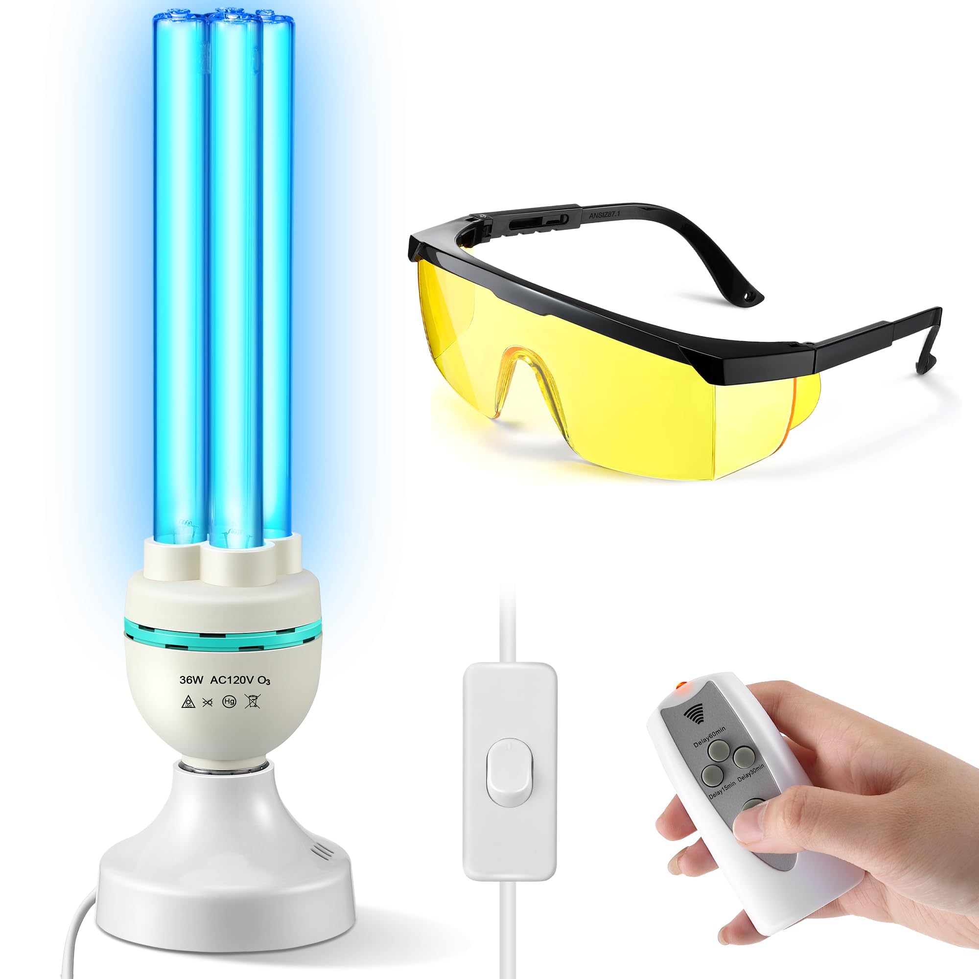 Photo 1 of Qualirey 36 Watts UVC Ozone Light with Remote Control and UV Glasses, UV Lamp with E26 Base, 3 Gear Timer 15/30/60 Minutes, UVC Light Bulb for Basement, Bedroom, Kitchen, Storehouse, Car