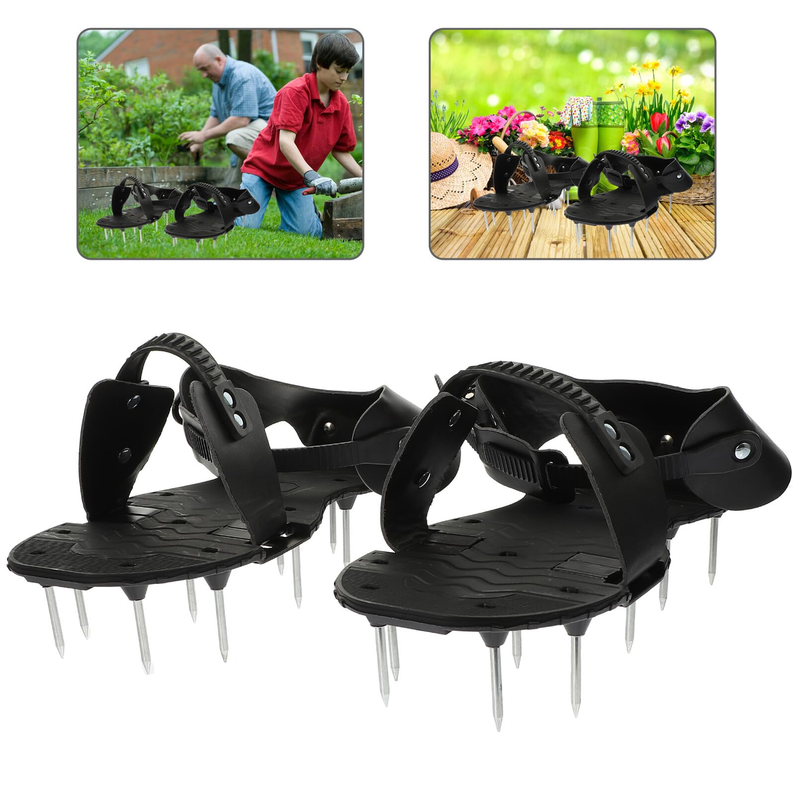 SEWACC Zapatos Aireadores de Suelo y Picos de PU Negro para Jardinería Correas Ajustables Herramienta Pesada para Airear Césped en Jardín