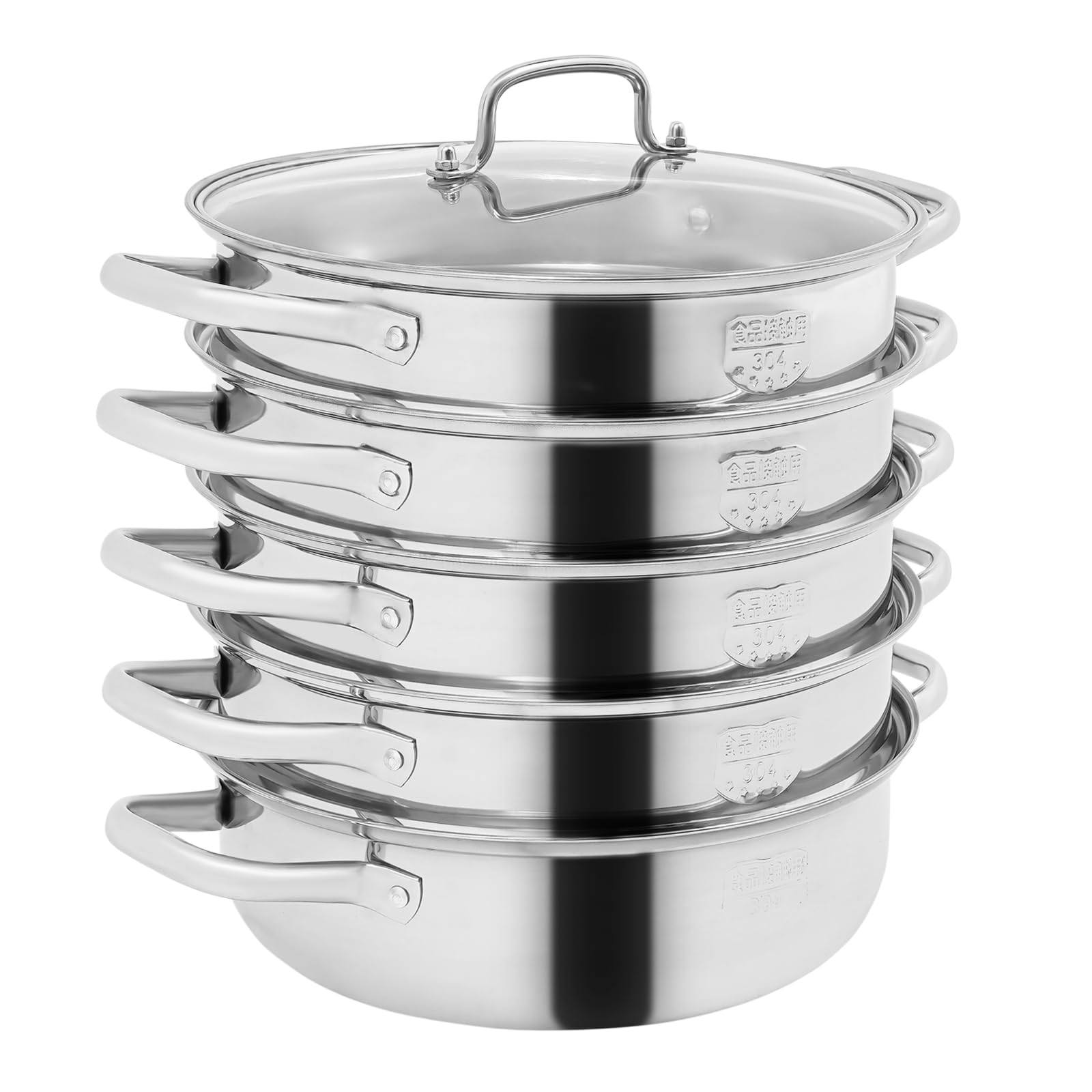 Fornello a vapore a 5 ripiani, pentola a vapore in acciaio inox con coperchio in vetro, pentola a pressione, per fornelli a gas, a induzione, fornelli elettrici (argento 28 cm)
