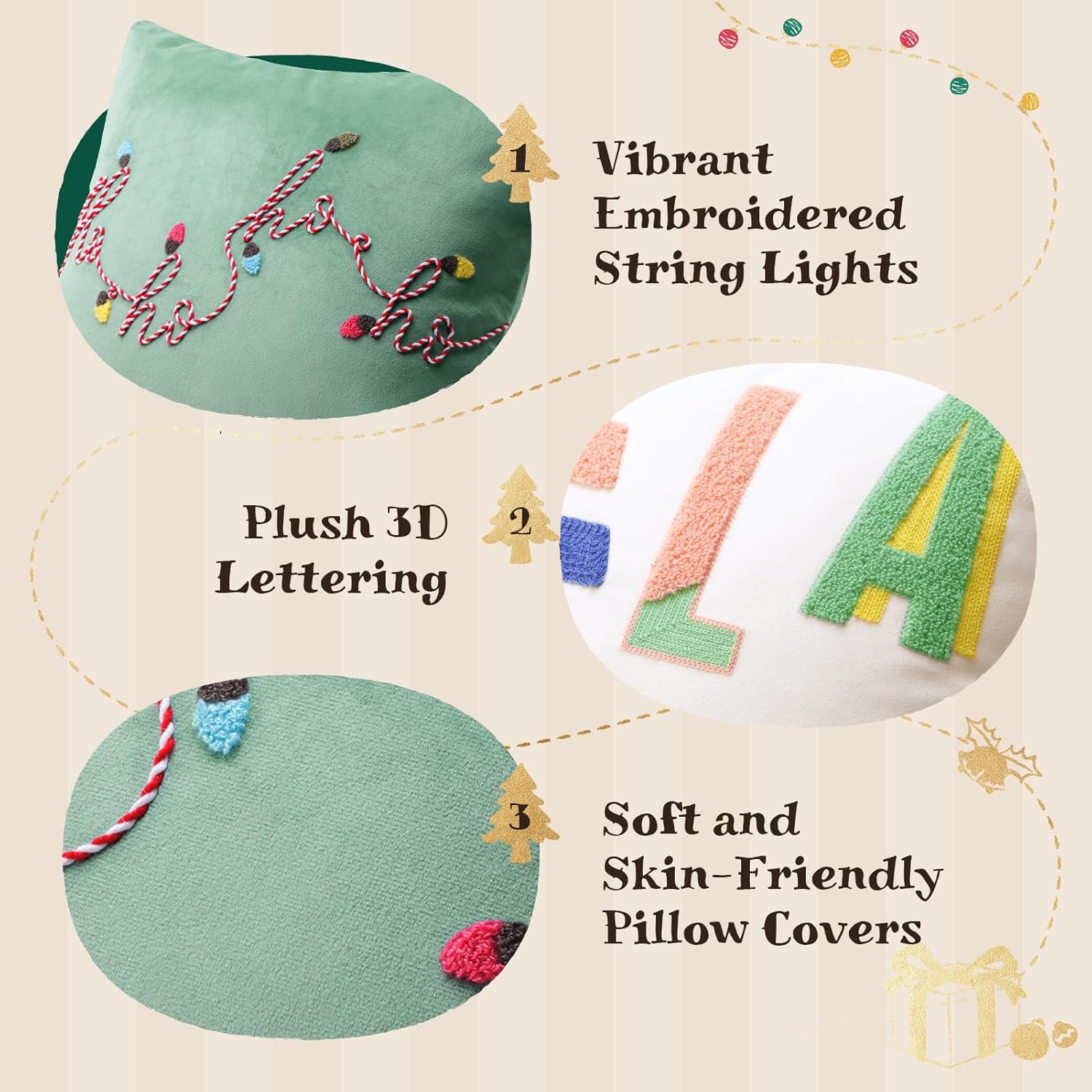 Ashler Merry Christmas Throw Pillow Covers, Letter Embroidery Pillow Covers, Velvet Holiday Decorative Pillowcase with 3D Light String, Set of 2, Light Green, 18 x 18 Inch