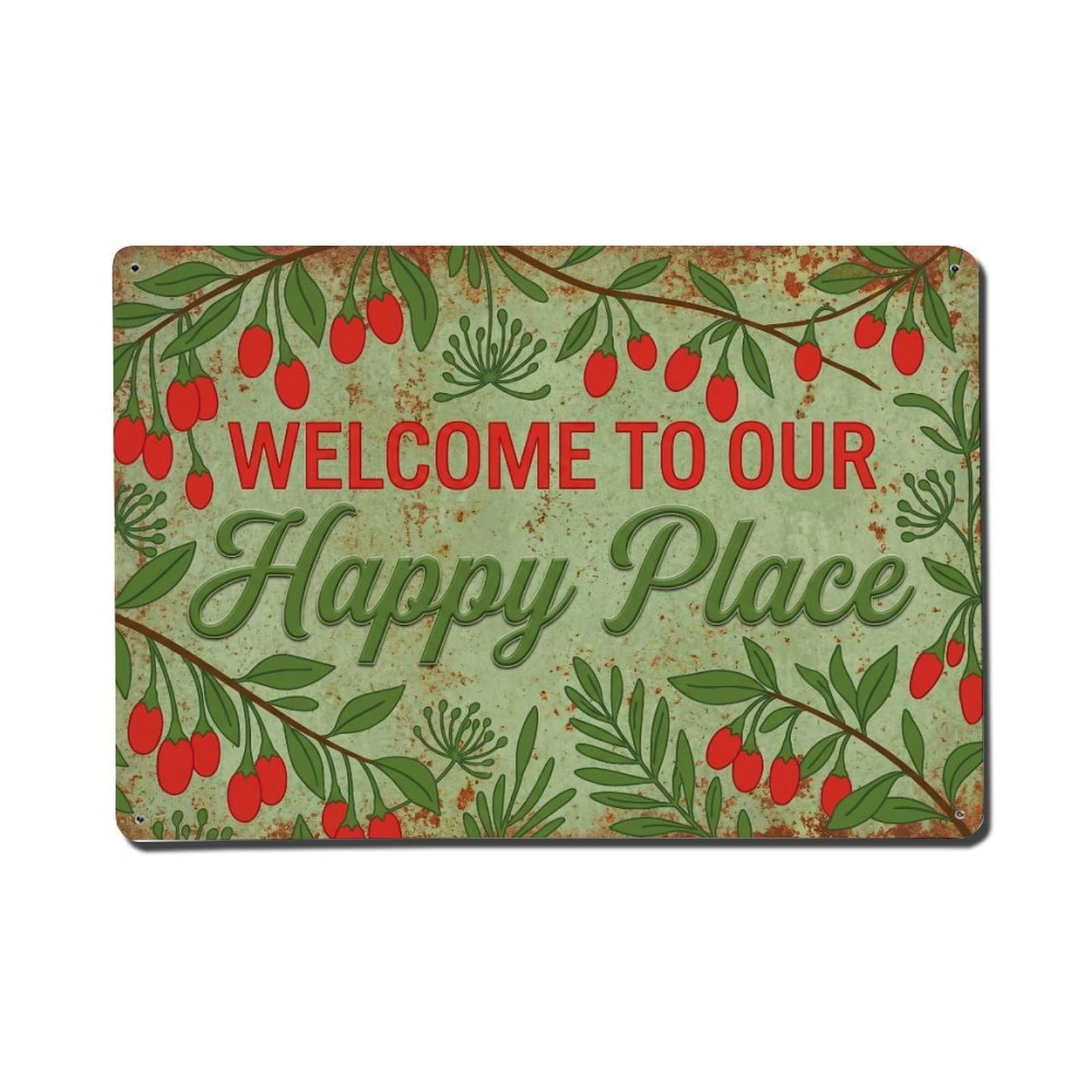 Fqnyr Style Welcome To Our Happy Place Goji Berry Garden Metal Tin Sign Plaque Wall Decor For Cafe, Club Bar, Office, Home Garden Metal Poster 8X12inch