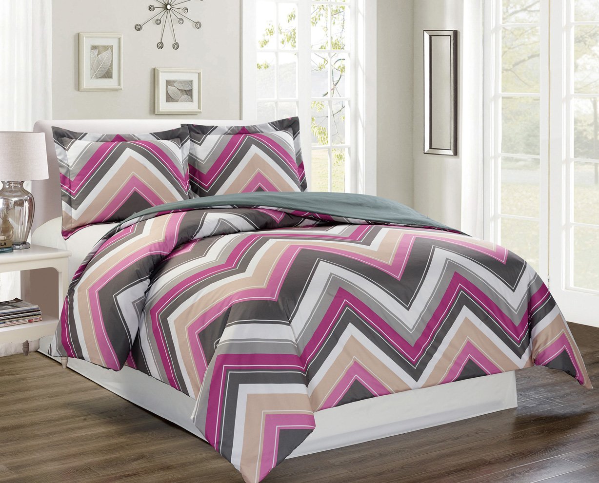 3-Piece Fine Printed Chevron Zigzag Duvet Cover Set Queen Size - 1500 Series high Thread Count Brushed Microfiber - Luxury Soft, Durable (Purple, White, Grey, Pink)