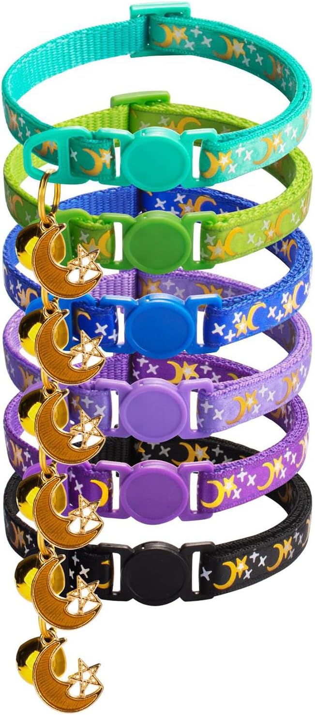 6 Pack Puppy Collars with Bell, Breakaway Cat ID Collars Adjustable 7.5-12.6in, Cute Moon Star Soft Nylon Identification Collars for Girl Boy Puppy Cat, Pet Gifts(Color B)