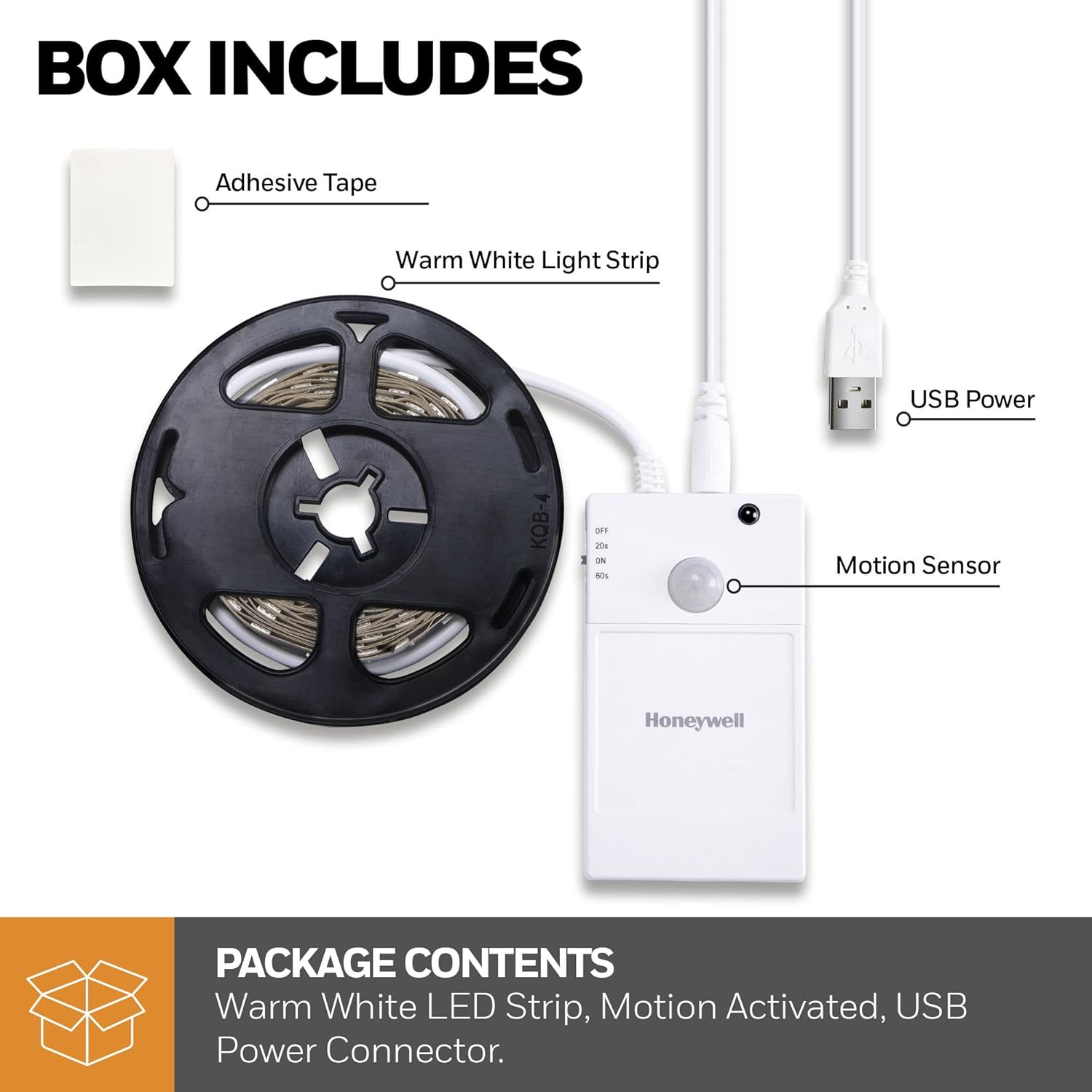 Contents of the Honeywell LED strip light package, showing the coiled LED strip, motion sensor, adhesive tape, and USB power connector.