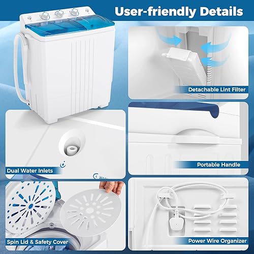 Miniatura 9 de COSTWAY Lavadora portátil, doble tina de 20 libras de capacidad, lavadora de lavandería de 12 libras y giratorio de 8 libras con bomba de drenaje,