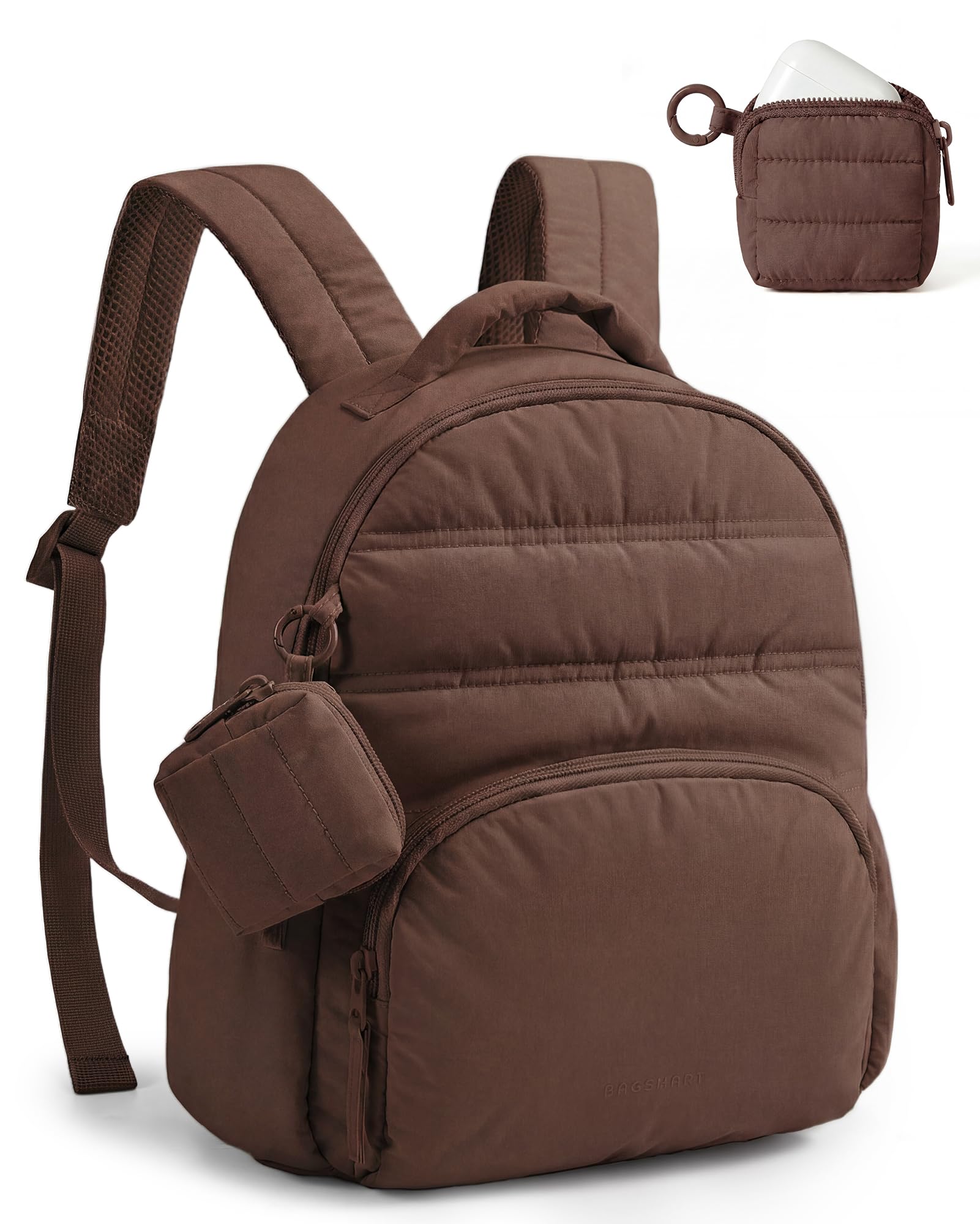 BAGSMART Small Backpacks for Women, Lightweight Puffer Mini Backpack Purse with Pouch, Quilted Casual Daypack, Water-Resistant Bookbag for Daily Travel College, 2-in-1 Set, Latte Brown — view 11