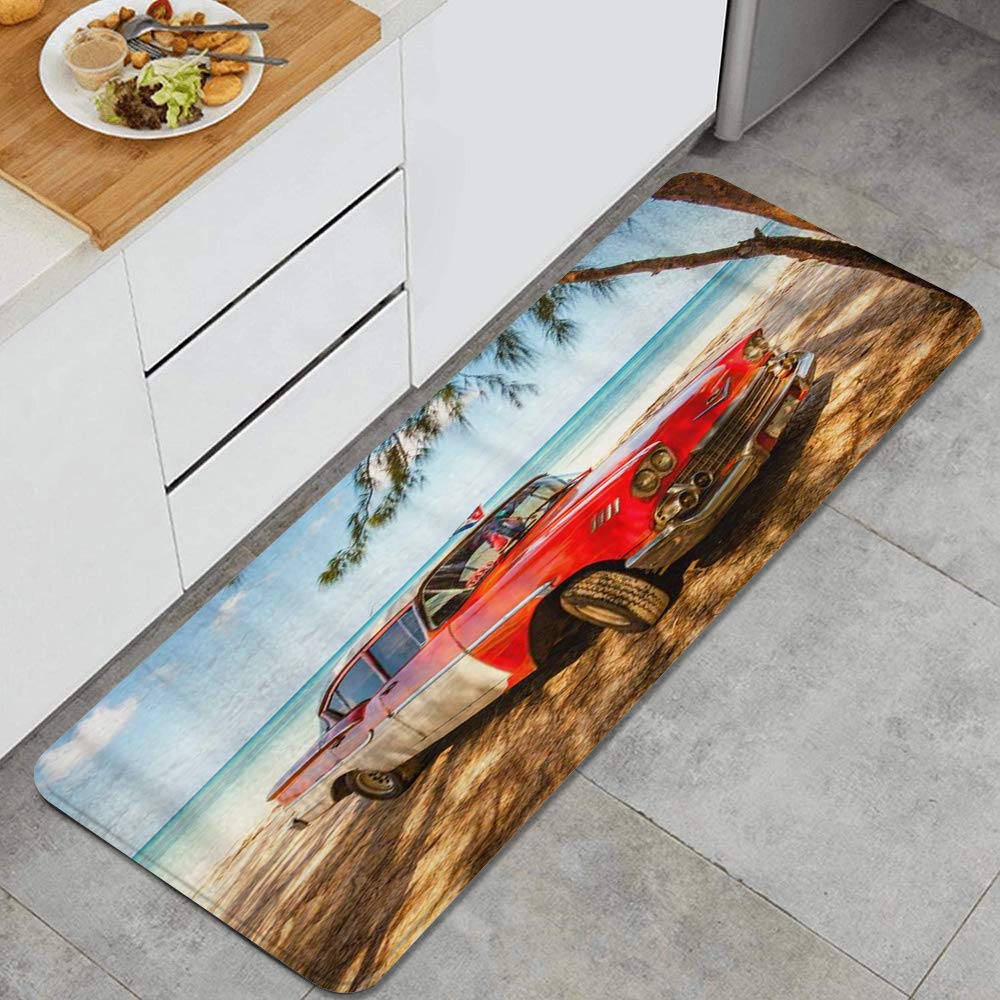 MIGAGA Kitchen Rug,American Classic Car Beach Cayo Jutias Province Pinar Del,Non-Slip Kitchen Mat Rubber Backing Doormat Runner Rug Set for Entryway and Bedroom Hallway Laundry Room Rugs