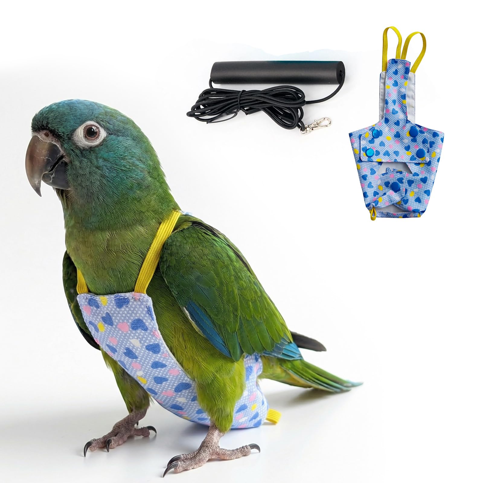 Bird Flight Harness Vest, Snap-Fastener Design Harness Vast, Bird Flying Clothes with Rope and Handle for Parakeets Cockatiels Conures Budgies(Blue Heart - Vest + Traction S) — image 1