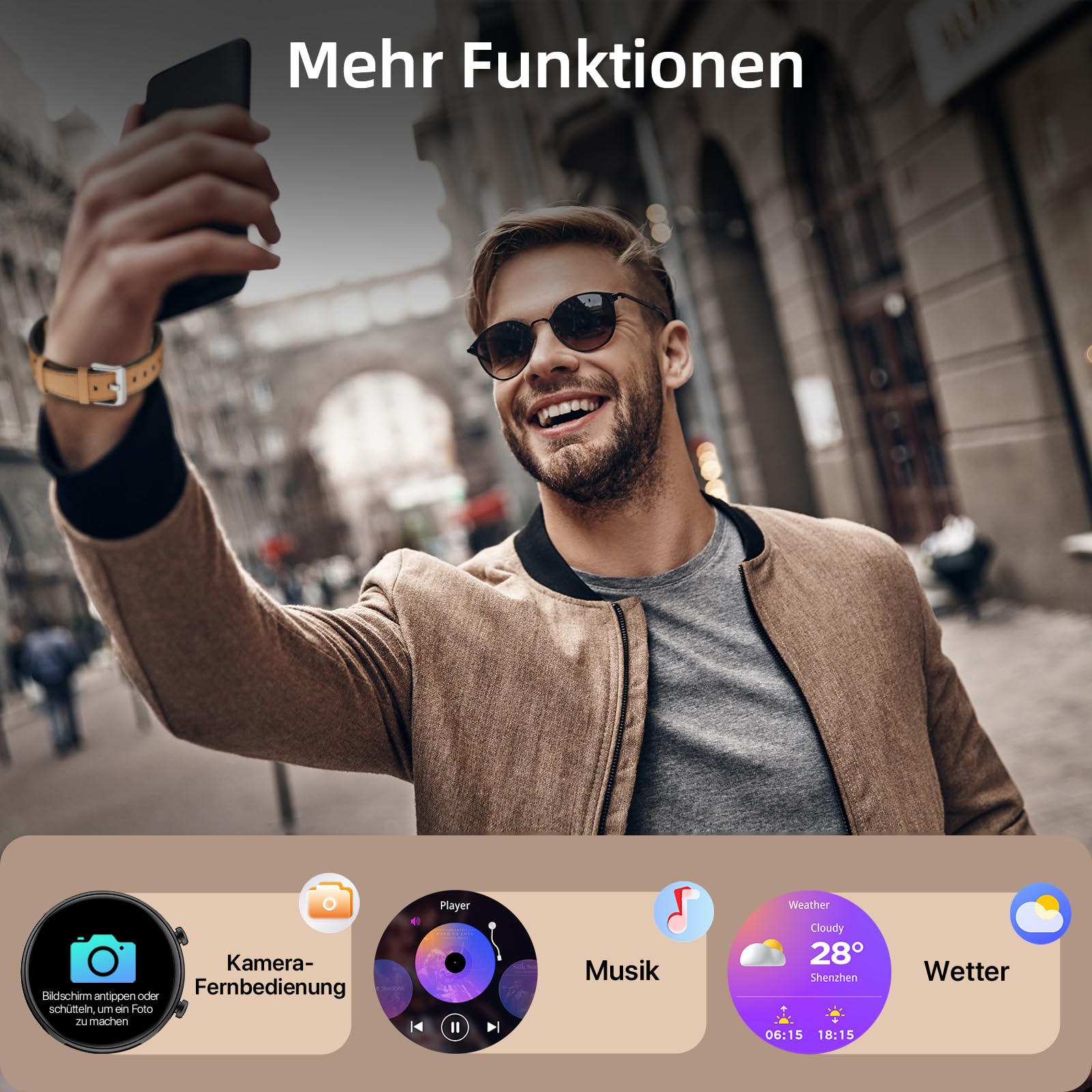 WalkerFit Montre Connectée Homme: 1.39“ Smartwatch Sport Ronde avec Appels Bluetooth, 110+ Modes Sportifs Podometre avec Moniteur De Fréquence Cardiaque/Sommeil/Étanche pour iOS/Android (Cuir)