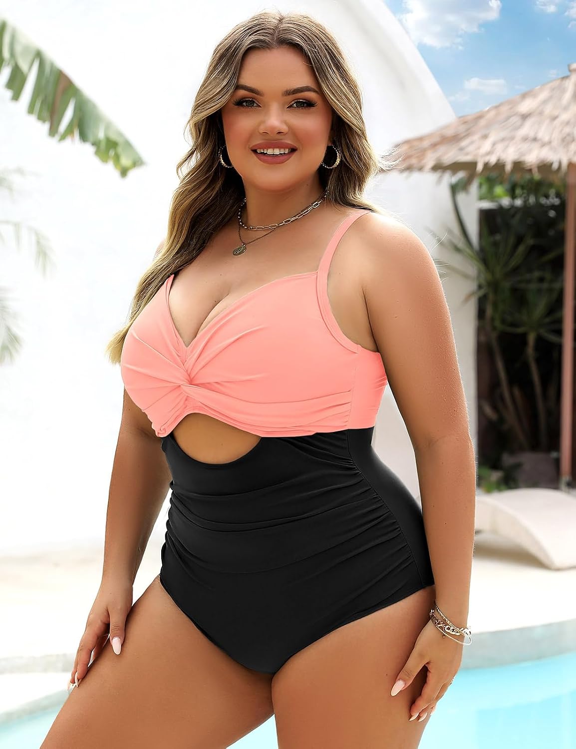heekpek Women's Tummy Control Swimsuit Large Sizes One Piece Swimsuit Large Bust V-Neck Ruched Swimwear Plus Size Swimwear Pink Black XXL