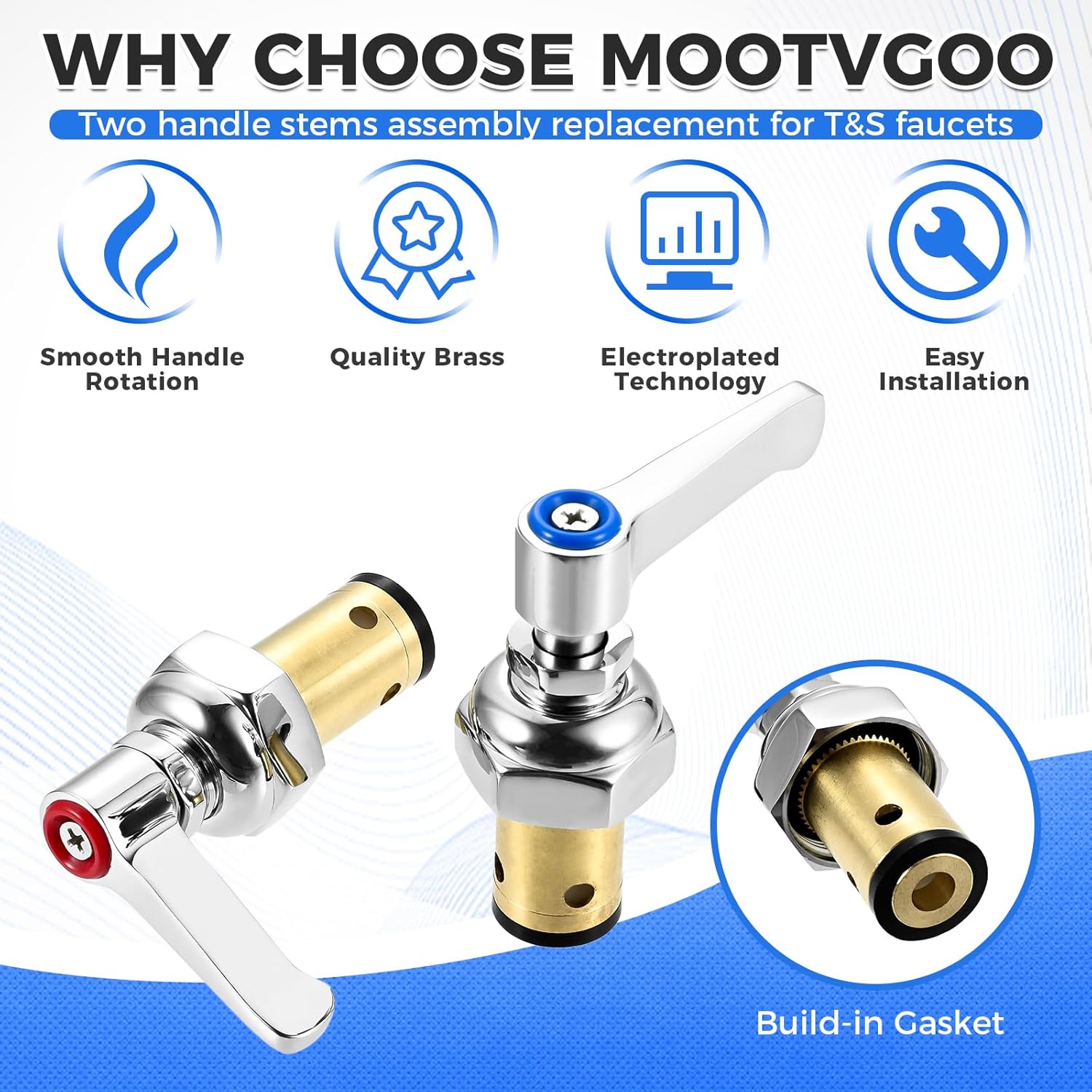 2 Pack Handle Stem Assembly, Blue Cold and Red Hot Side Spindle Assembly Valve Replacement for T&S Brass, Replace 002714-40 002713-40