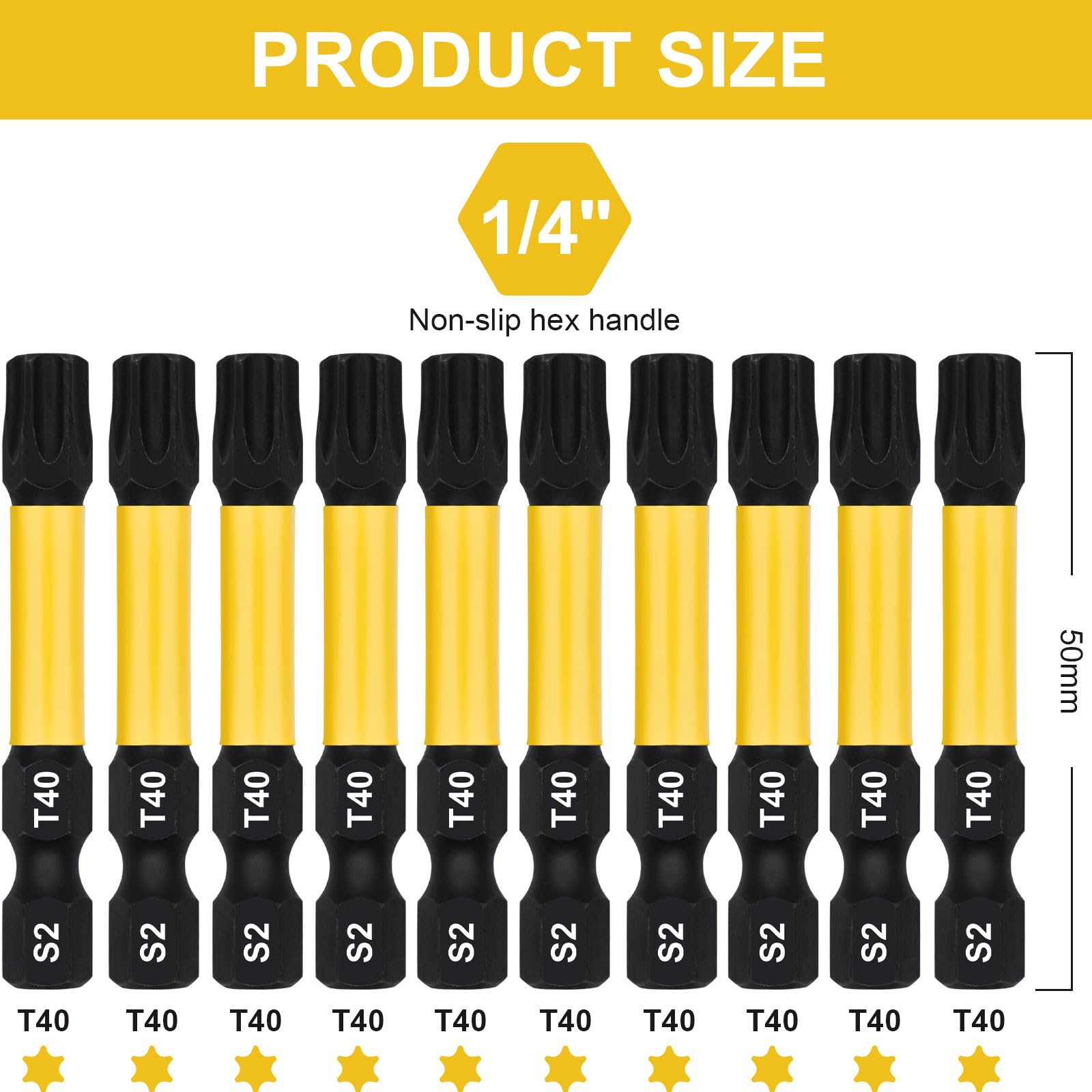 DAKCOS T40 Torx Bit, Impact Driver Bits, 1/4" Screwdriver Bit Sets, 10PCS Premium S2 Alloy Steel Bits, 50mm Long - Image 2