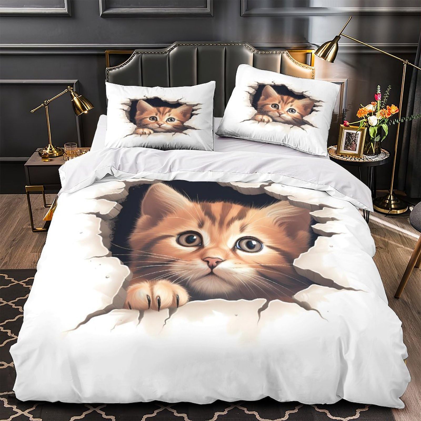 Parure de lit chaton mignon pour lit King 220x240 en microfibre