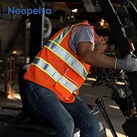 Vista 6 de Neopelta Chaleco de seguridad reflectante de malla naranja, chaleco de alta visibilidad con bolsillos y cremallera, cuello acolchado, chaleco