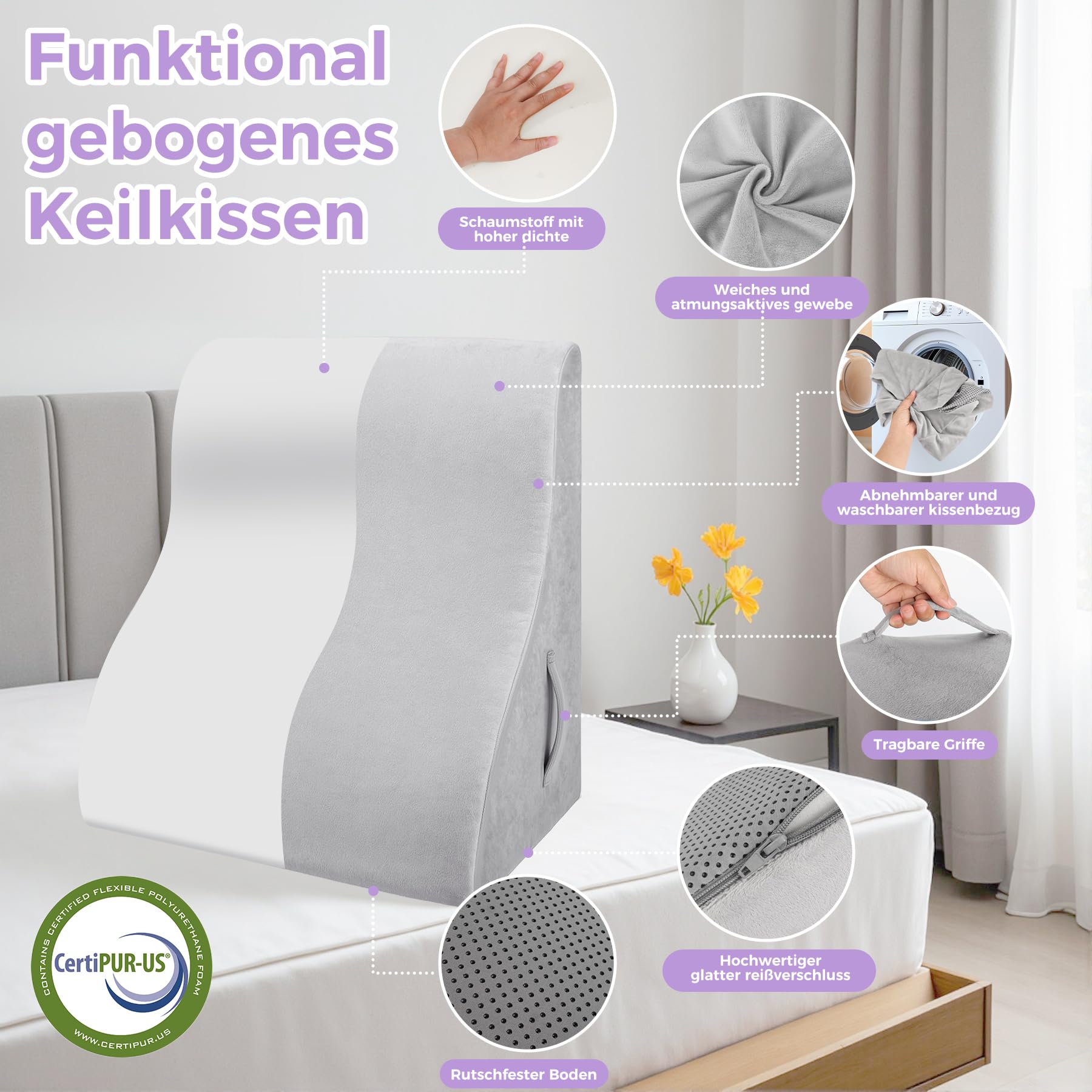 Babenest Kurvenform Keilkissen, Ergonomisches Orthopädisches Rückenkissen Hochdichter Schaumstoff Vielseitig Keilkissen für Bett & Sofa, Rückenkissen beim Geschenke Lesen (Grau)