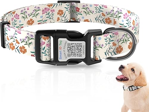 Collares de perro para perros medianos, collar de perro con etiqueta de nombre de código QR, material de poliéster suave, collar ajustable de