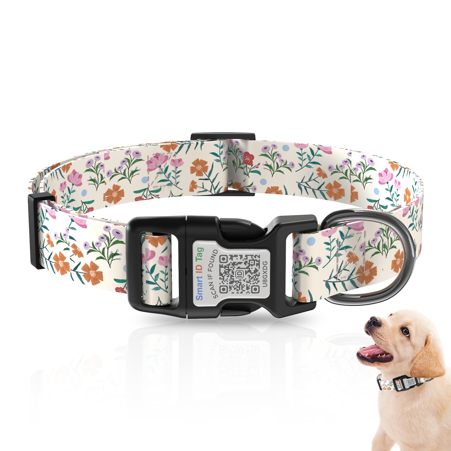 AmxminaID Dog Collars for Small Dogs,Dog Collar with QR Code Name Tag,Soft Polyester Material, Adjustable Pet ID Tag Collar (Pink Flower, Small)