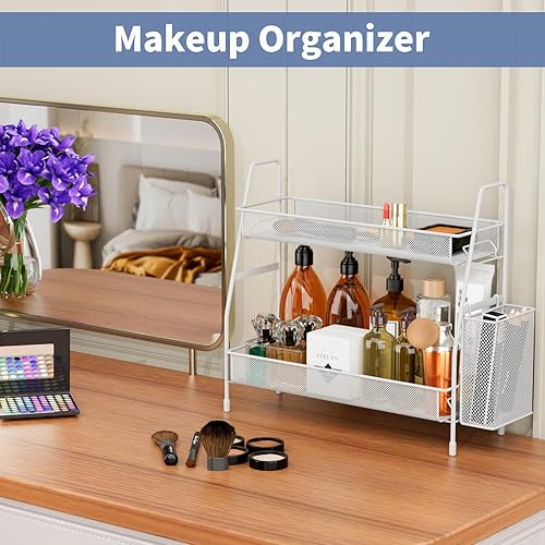 Miniatura 4 de EKNITEY Estante organizador de encimera de baño estante de especias de metal de 2 niveles organizador de tocador de perfume pequeño para fregadero