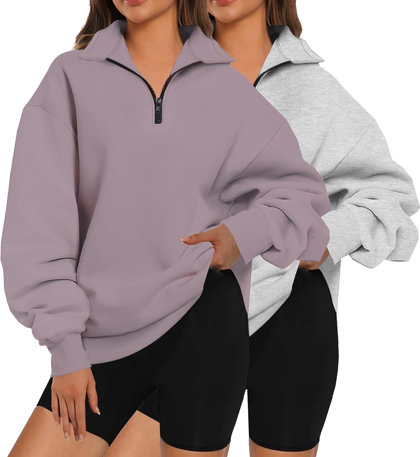 XFIFM 2 Pack Womens Zip Up Hoodies Oversized Sweatshirts Fall Long Sleeve Shirts Fashion Pullover