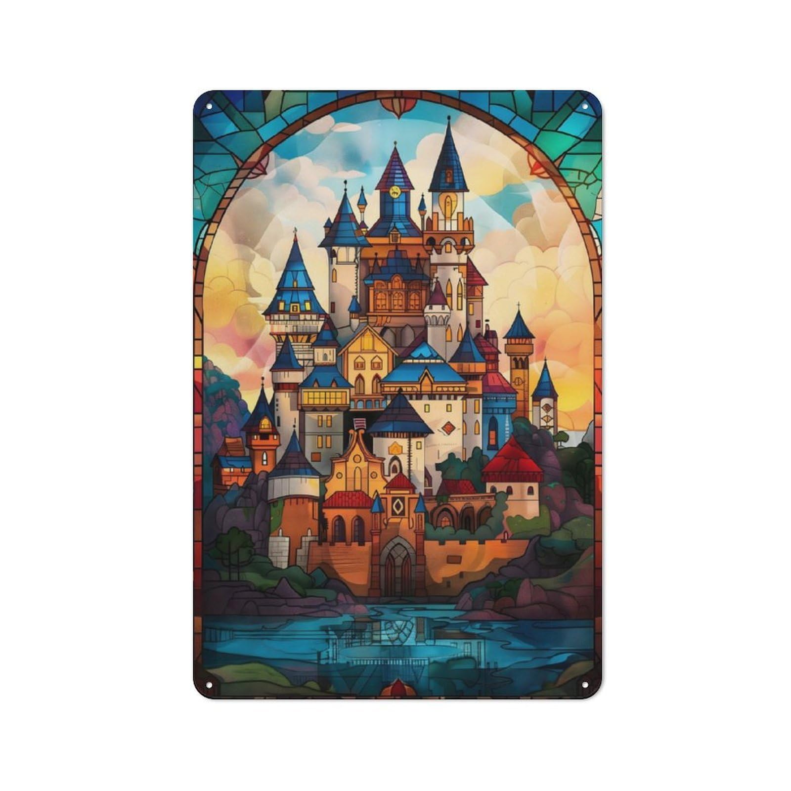 Junmoney Castle Stained Glass For Garden Room Or Summerhouse, Rustic Tin Sign 30X20cm, Tin Sign Wall Decor For Garden Rooms And Summerhouses
