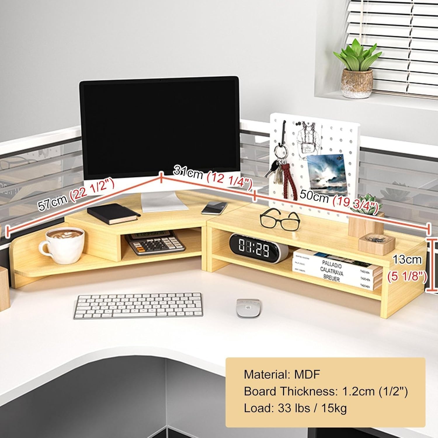 Ripiani portaoggetti da scrivania con supporto for monitor angolare portabicchieri, rialzo for computer salvaspazio, set organizer di grandi dimensioni a 2 livelli for l'home office