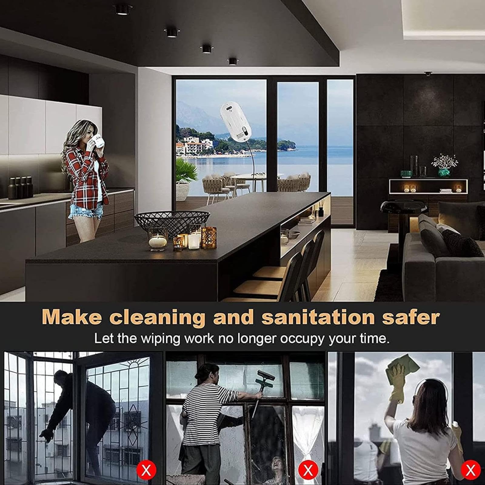Robot limpiador de ventanas con spray automático de agua, 2800 pa de succión fuerte eléctrica, limpieza inteligente de vidrio, robótica, para exteriores/interiores