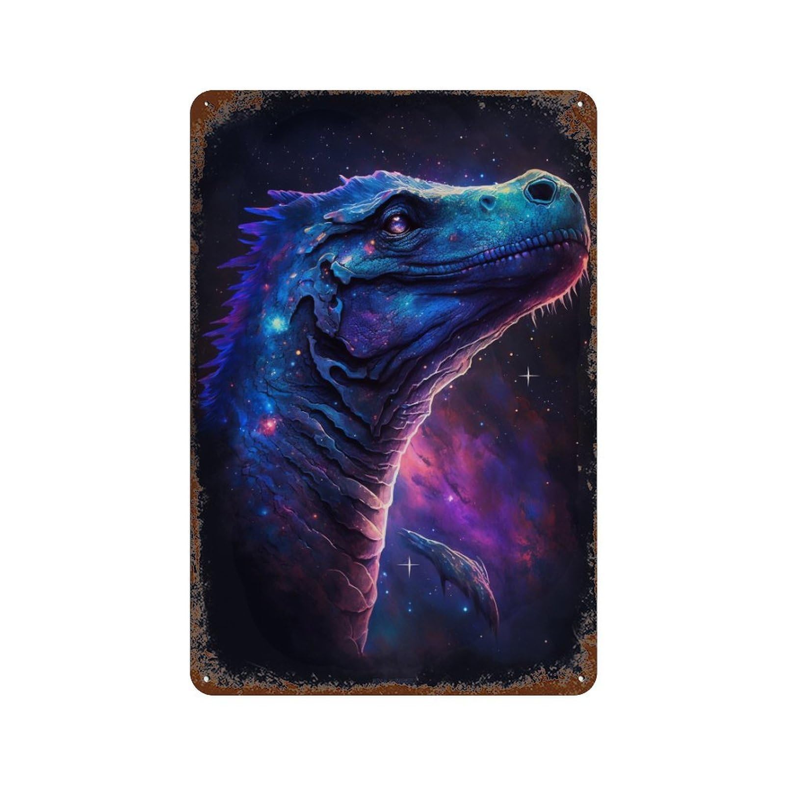 Galactic Dinosaur Portrait 11.8"x7.9" Weathered Tin Sign, Shabby Chic Decor for Farmhouse, Kitchen And Entryway Decor