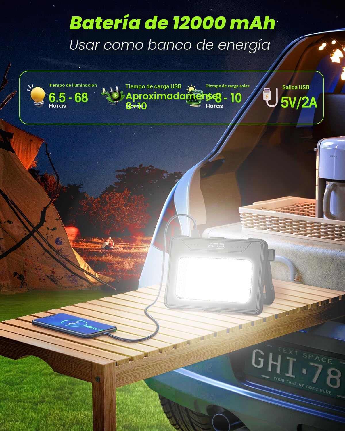 Foco LED Recargable 60W, CLV Luz de Trabajo Portatil Recargable USB 4 Modos de Luz 5 Brillo Foco LED Bateria 12000mAh Lampara Camping con Iman para Emergencia Pesca Garaje Obra Taller