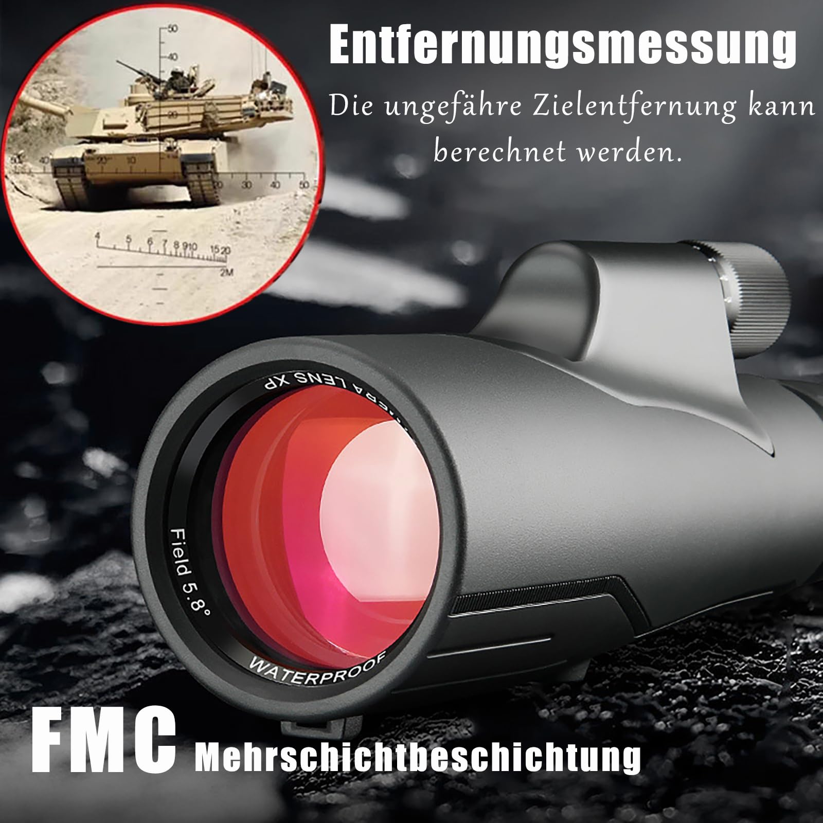 Monokular 12x56ED mit Entfernungsmesser Teleskop IPX7 Stickstoffgefüllt Wasserdicht, 21MM Okular，BAK4 Prisma & FMC-Linse, Nachtsicht für Erkundungen Vogelbeobachtung, Jagen, Wandern, Konzert