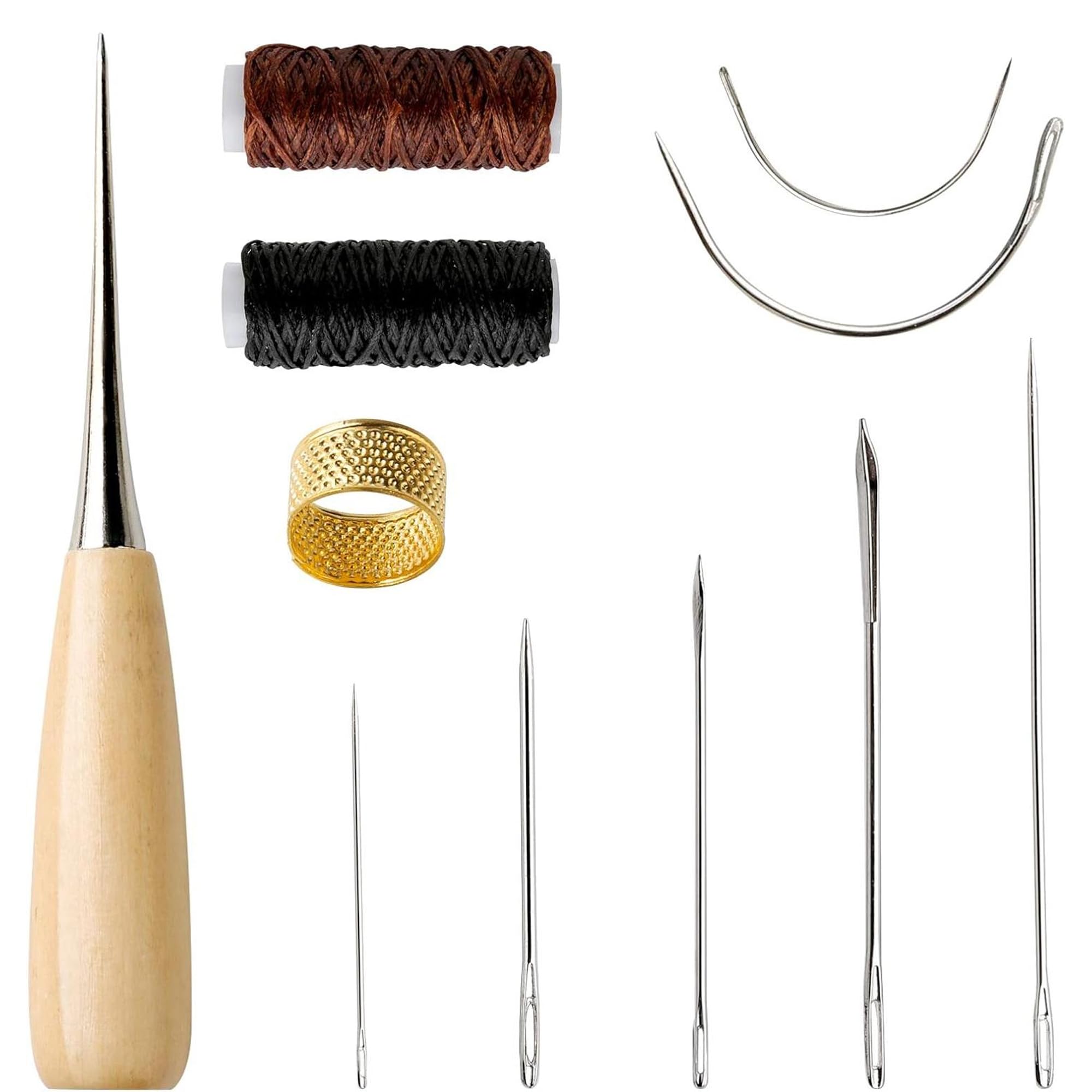 Hrlork Silver 11 Pcs Curved Upholstery Leather Needles Hand Sewing Kit With Leather Waxed Thread Cord Drilling Awl And Thimble For Repair And Diy Crafts